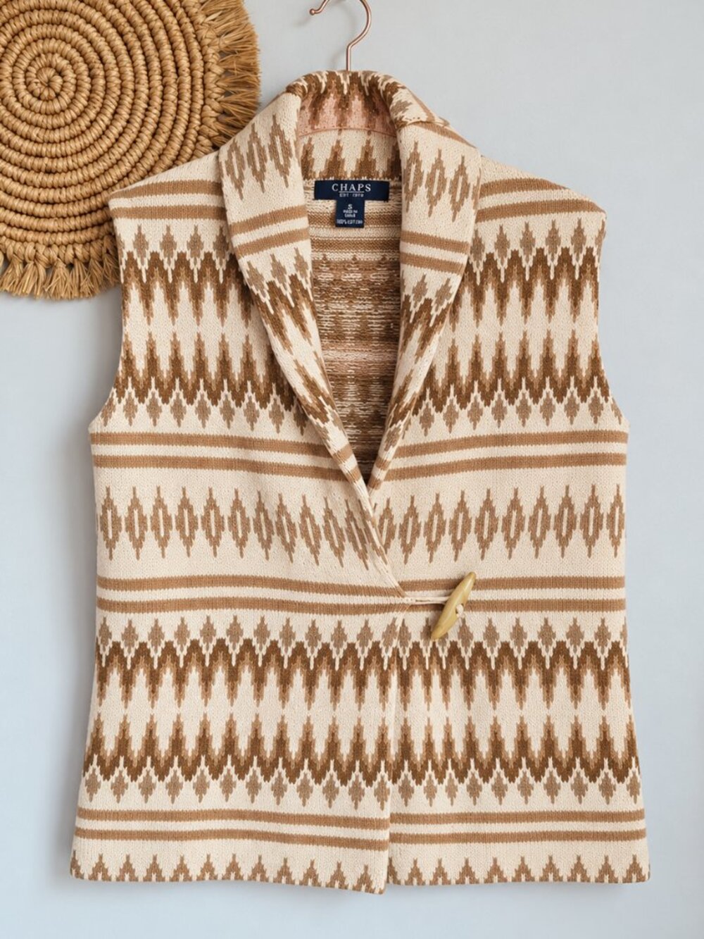 CHAPS Southwestern Neutral Fair Isle Shawl Collar Toggle Sweater Vest SZ Small